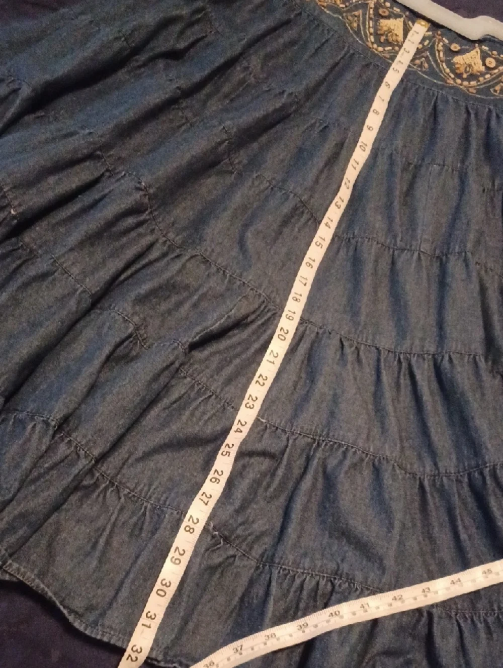 << Freestyle Blue Tiered Maxi Skirt with Embroidered Waistband Women's Size M - Picture 8 of 8